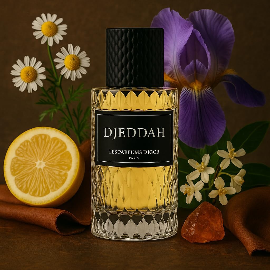 Djeddah Les Parfums d'Igor Paris, Parfum de Luxe, Flacon en Verre Géométrique avec Bouchon Noir et Couronne Dorée