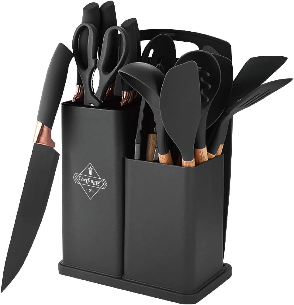Chefinger Lot de 19 couverts de cuisine avec poignées en bois Noir avec accents de cuivre Bloc à couteaux et support pour ustensiles de cuisine
