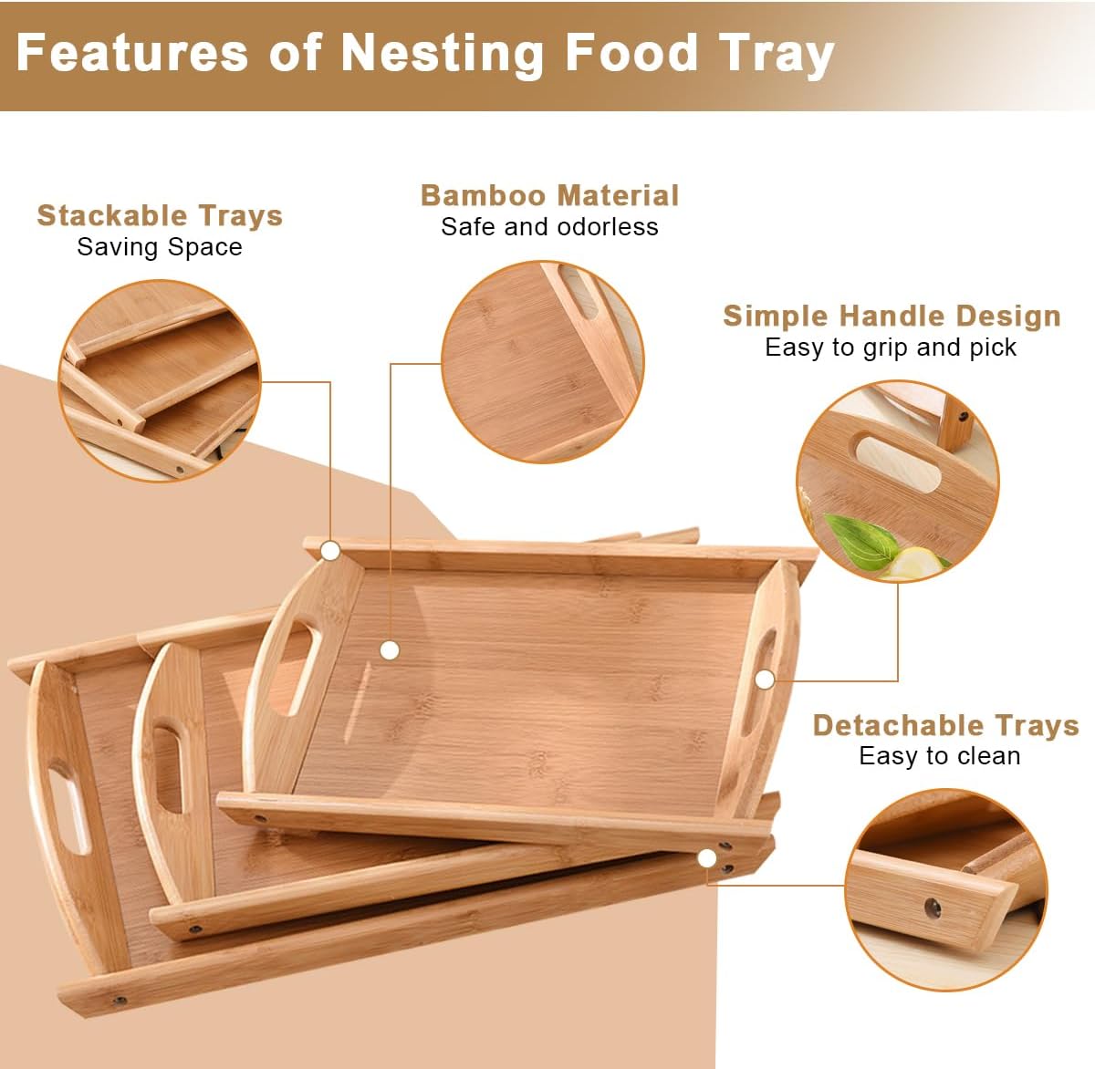 Lot de 3 plateaux de service en bambou imbriqués avec poignée - Plateau ottoman en bois - Plateaux de service décoratifs pour petit déjeuner - Grand moyen et petit - Pour la maison, le lit