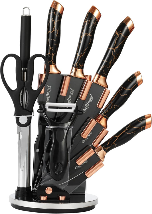 Lot de 9 couteaux design marbre doré, couteau de chef 20,3 cm, couteau à pain, couteau universel, couteau à éplucher, hachoir, ciseaux, fusil à aiguiser avec support, noir