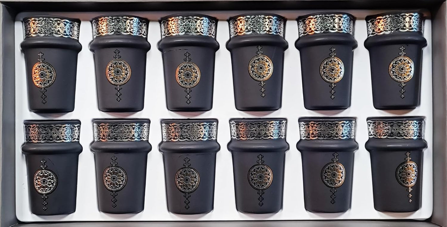 Générique Set de 12 Verres à Thé Marocains, Noir et Cuivre, Style Oriental avec Motifs Décoratifs Traditionnels
